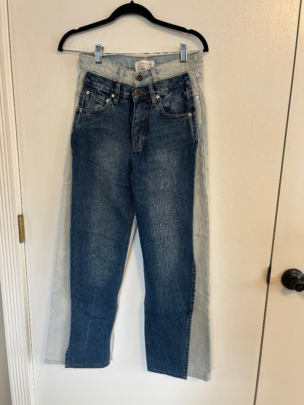Maison Margiela Two-Tone Double Waistband High Rise Straight Leg Jeans